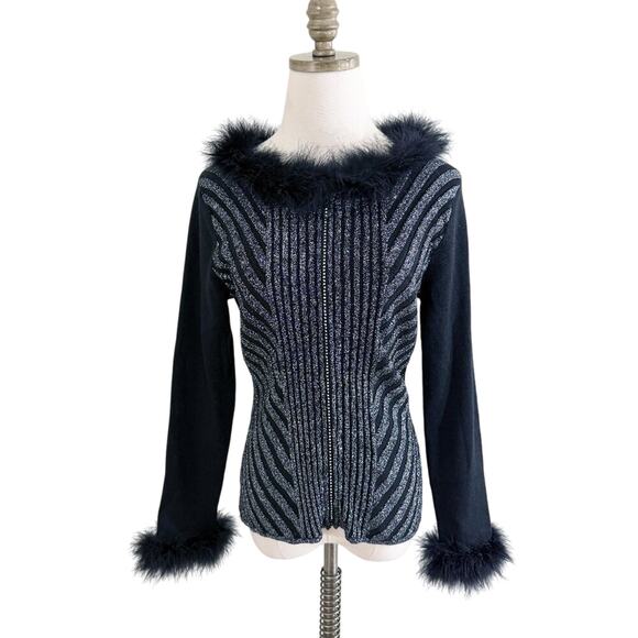 Vintage Y2K Black/Metallic Silver Zip Up Cardigan with Feather Accent Sz Medium - Picture 1 of 8
